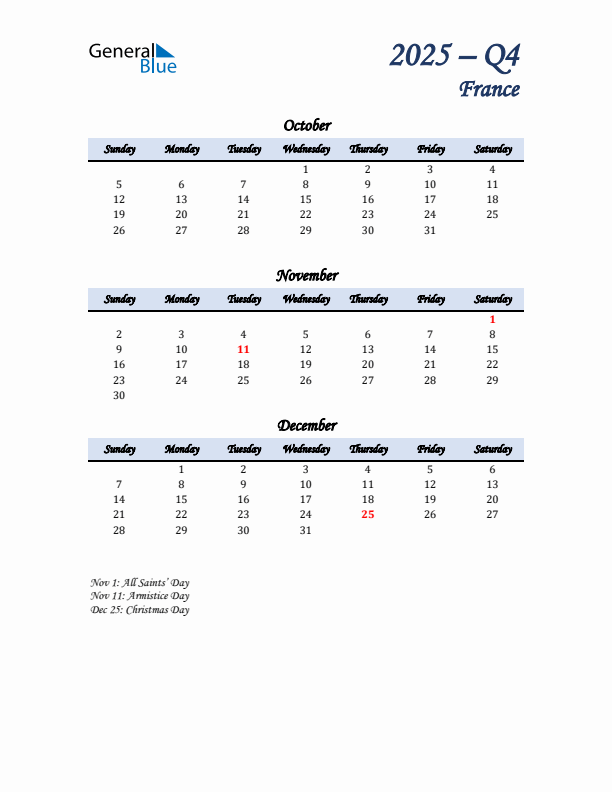 October, November, and December Calendar for France with Sunday Start