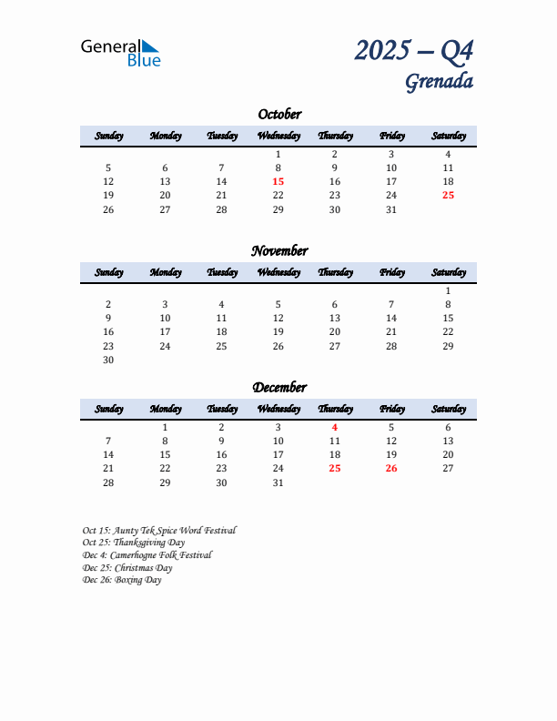 October, November, and December Calendar for Grenada with Sunday Start