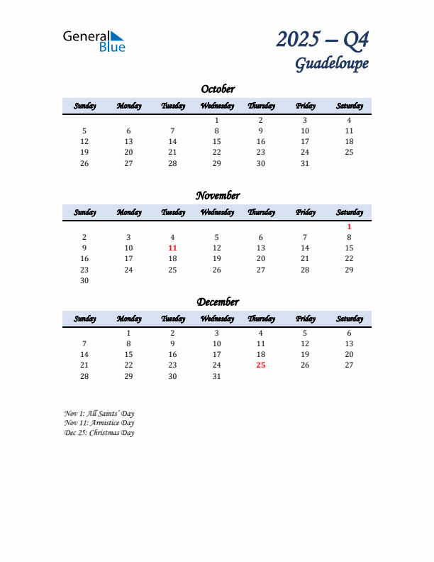 October, November, and December Calendar for Guadeloupe with Sunday Start