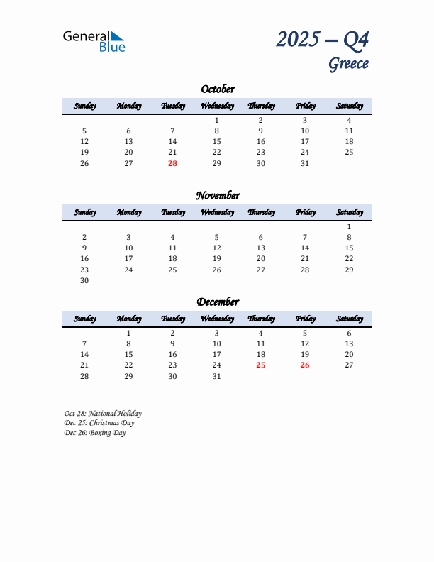 October, November, and December Calendar for Greece with Sunday Start