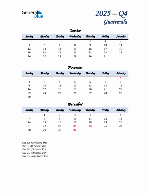 October, November, and December Calendar for Guatemala with Sunday Start