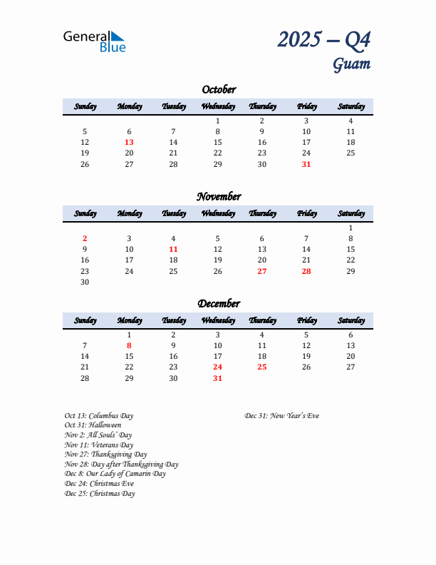 October, November, and December Calendar for Guam with Sunday Start