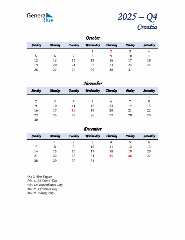 October, November, and December Calendar for Croatia with Sunday Start