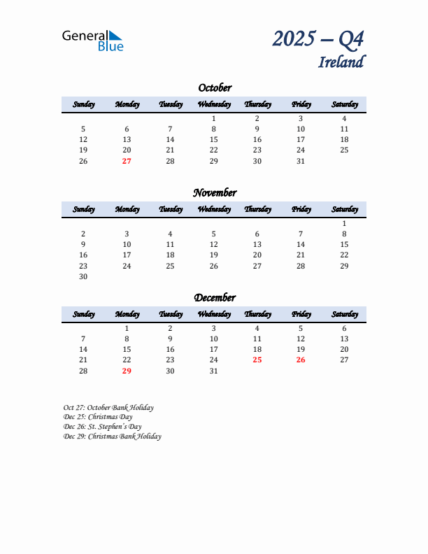 October, November, and December Calendar for Ireland with Sunday Start