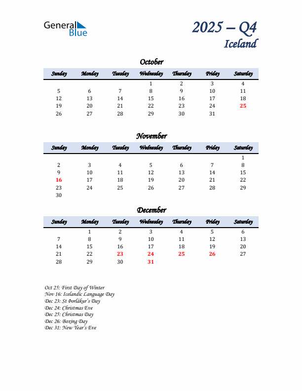 October, November, and December Calendar for Iceland with Sunday Start