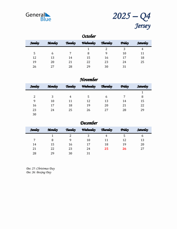 October, November, and December Calendar for Jersey with Sunday Start