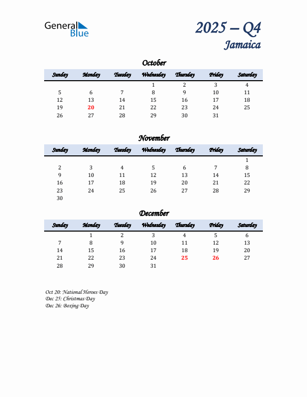 October, November, and December Calendar for Jamaica with Sunday Start