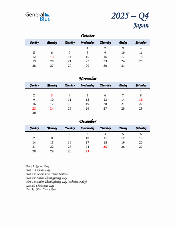 October, November, and December Calendar for Japan with Sunday Start