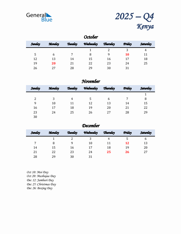 October, November, and December Calendar for Kenya with Sunday Start