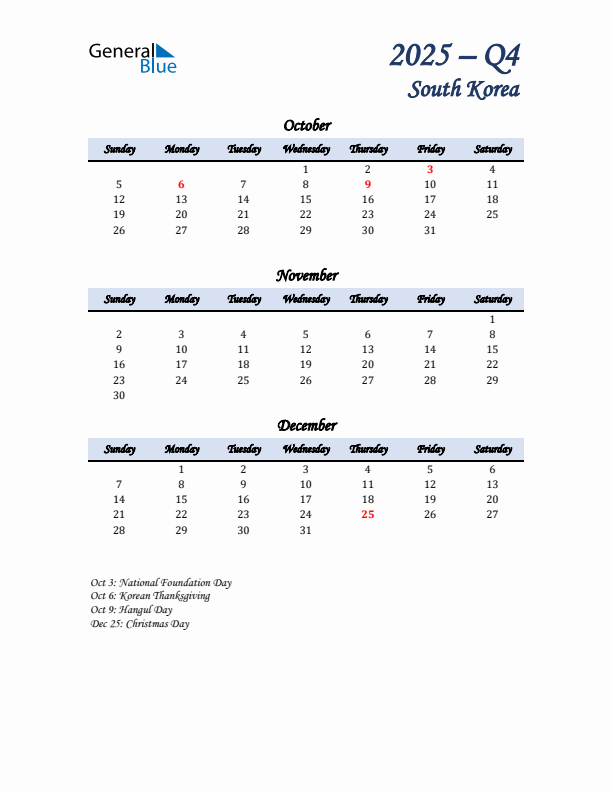 October, November, and December Calendar for South Korea with Sunday Start