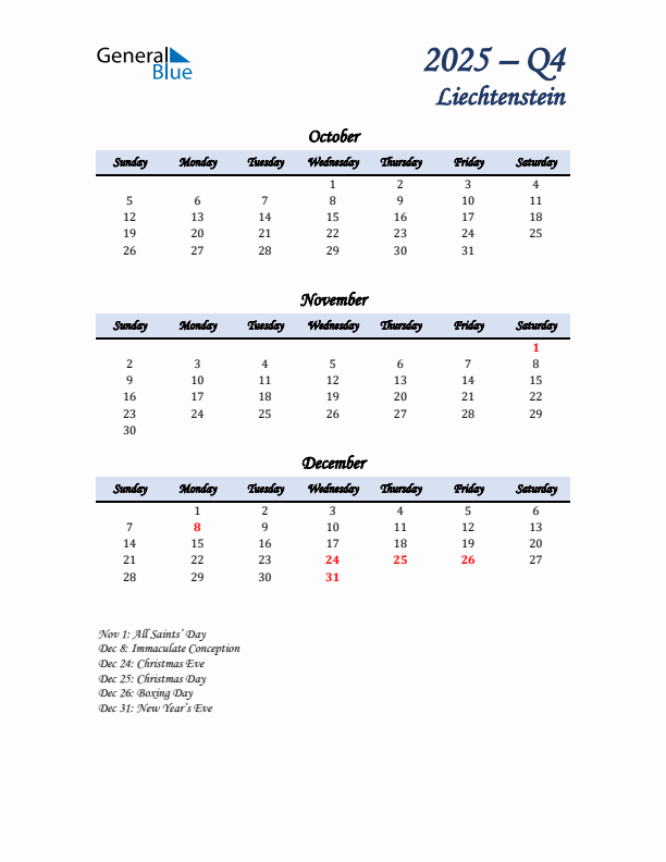 October, November, and December Calendar for Liechtenstein with Sunday Start