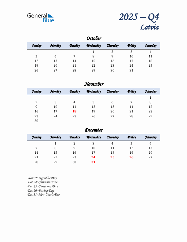 October, November, and December Calendar for Latvia with Sunday Start