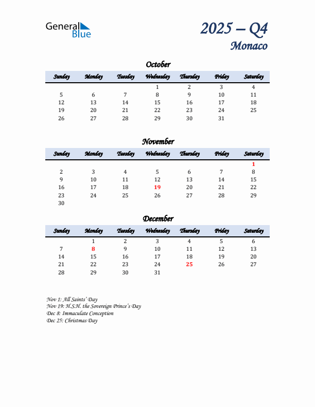 October, November, and December Calendar for Monaco with Sunday Start