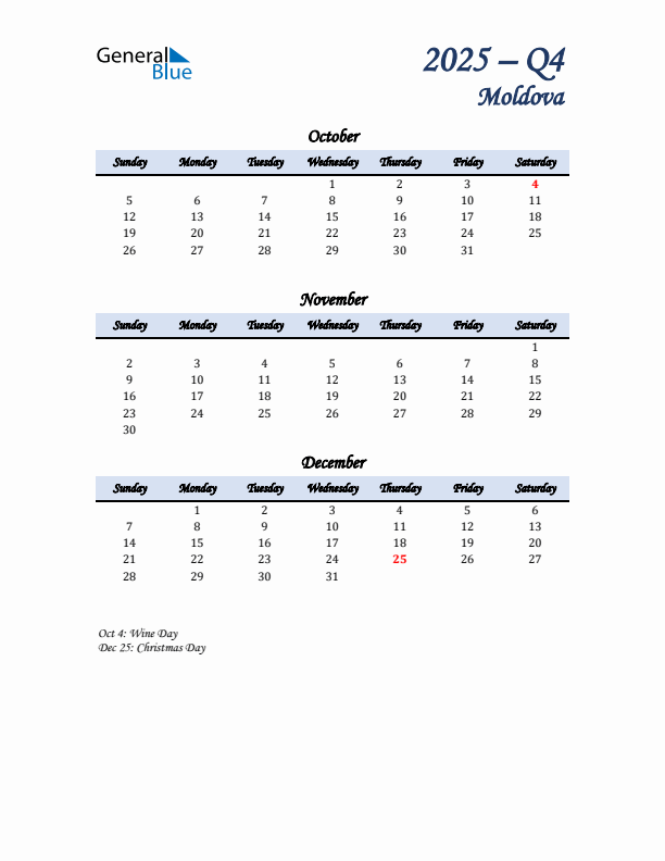 October, November, and December Calendar for Moldova with Sunday Start