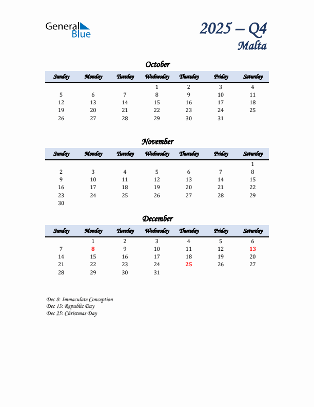 October, November, and December Calendar for Malta with Sunday Start