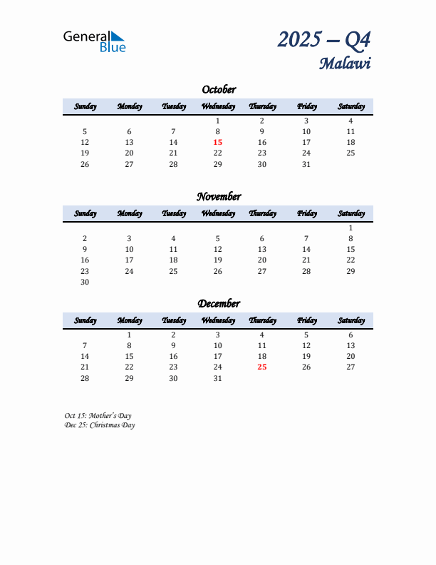 October, November, and December Calendar for Malawi with Sunday Start