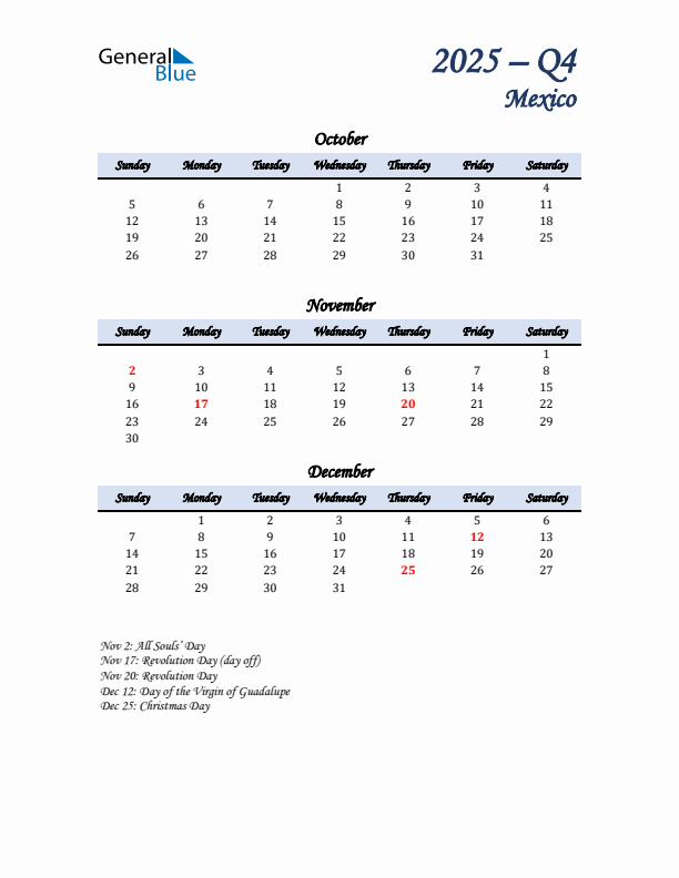 October, November, and December Calendar for Mexico with Sunday Start