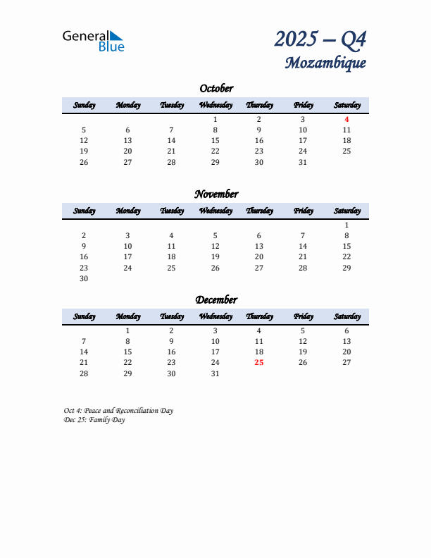 October, November, and December Calendar for Mozambique with Sunday Start