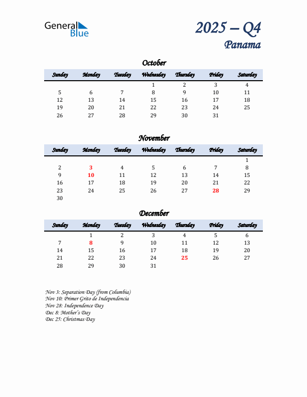 October, November, and December Calendar for Panama with Sunday Start