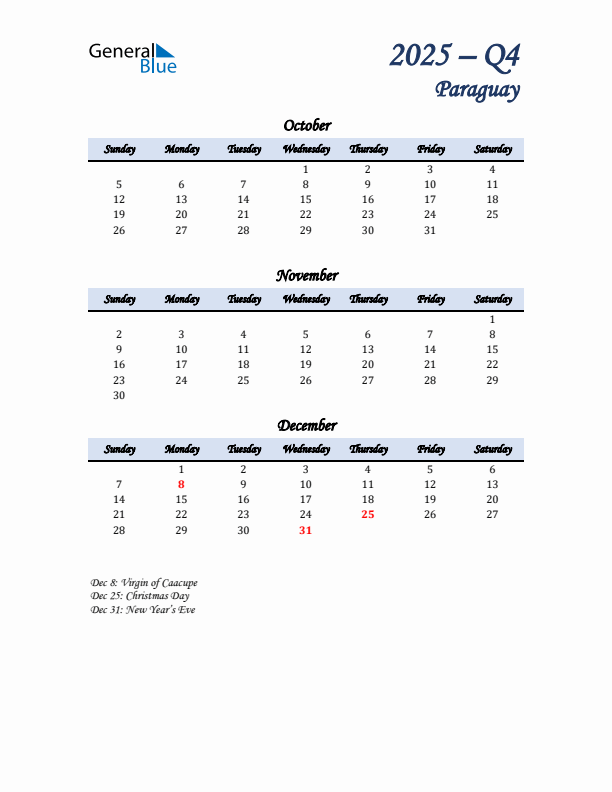 October, November, and December Calendar for Paraguay with Sunday Start