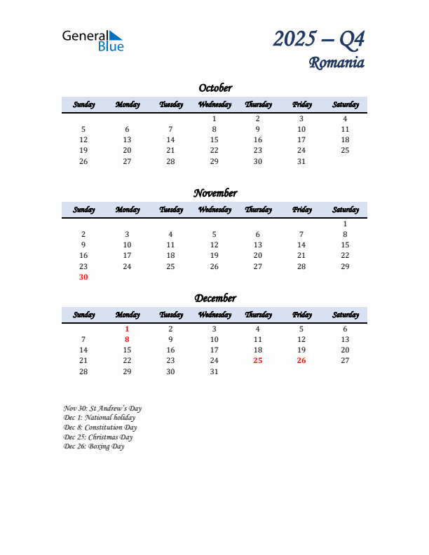 October, November, and December Calendar for Romania with Sunday Start