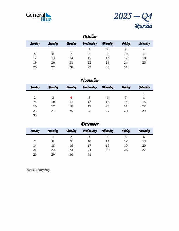 October, November, and December Calendar for Russia with Sunday Start