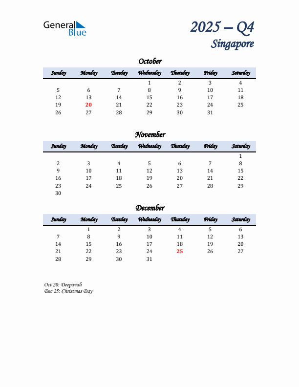 October, November, and December Calendar for Singapore with Sunday Start