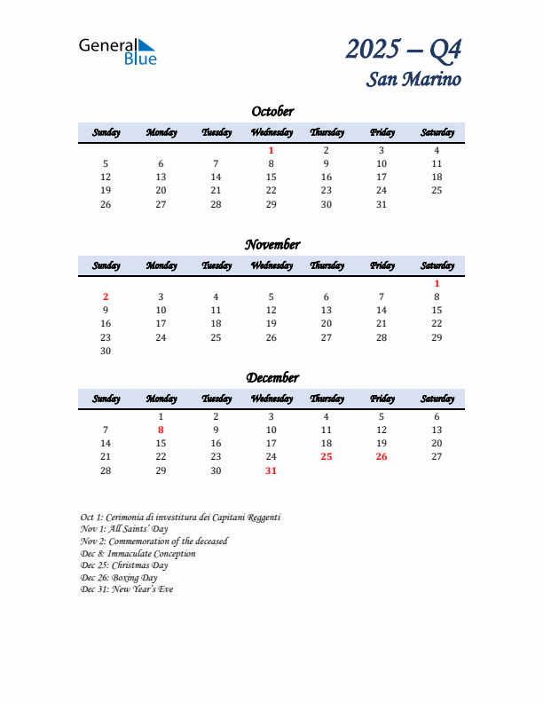 October, November, and December Calendar for San Marino with Sunday Start