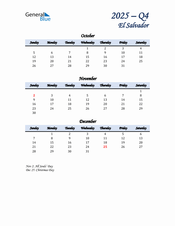 October, November, and December Calendar for El Salvador with Sunday Start