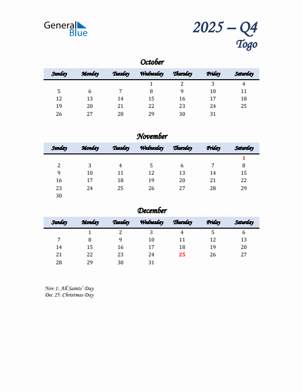 October, November, and December Calendar for Togo with Sunday Start