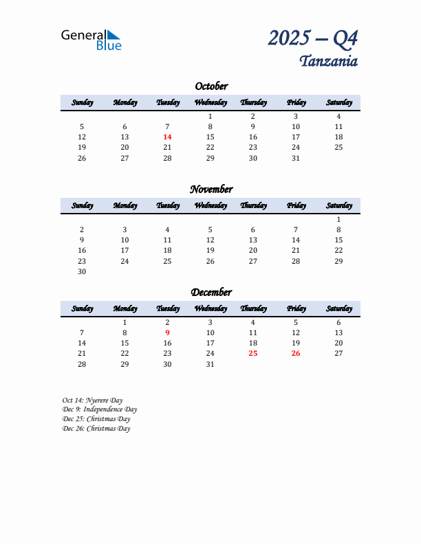 October, November, and December Calendar for Tanzania with Sunday Start