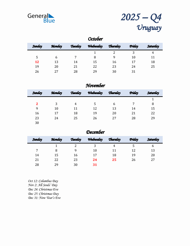 October, November, and December Calendar for Uruguay with Sunday Start