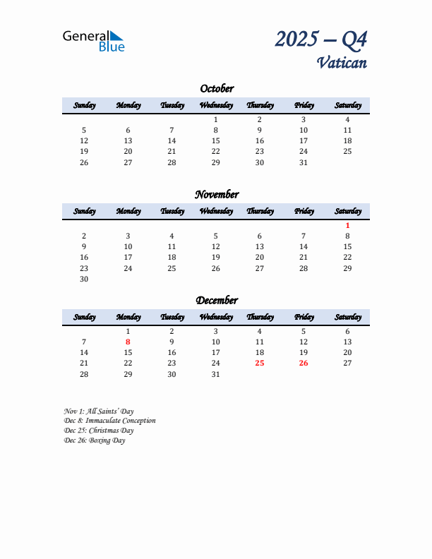 October, November, and December Calendar for Vatican with Sunday Start