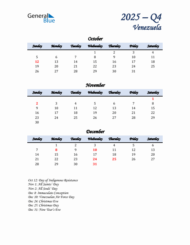 October, November, and December Calendar for Venezuela with Sunday Start