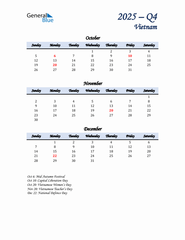 October, November, and December Calendar for Vietnam with Sunday Start