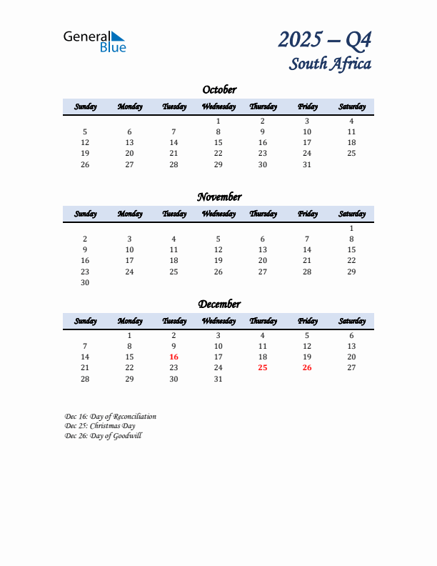 October, November, and December Calendar for South Africa with Sunday Start