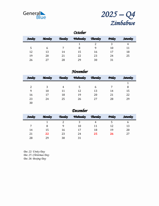 October, November, and December Calendar for Zimbabwe with Sunday Start