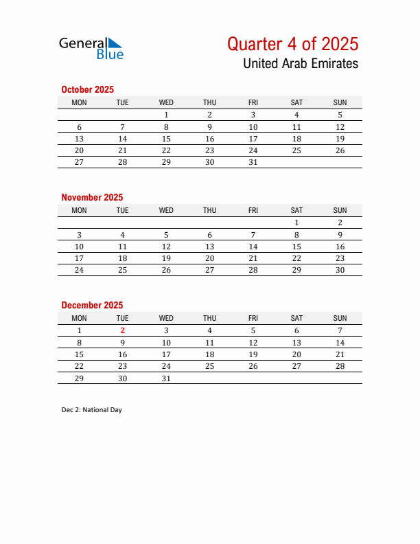 Printable Three Month Calendar with United Arab Emirates Holidays