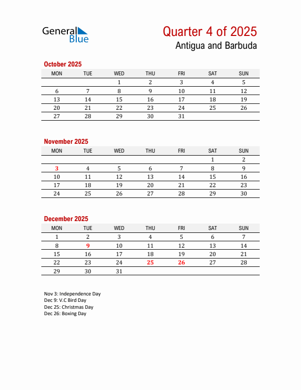 Printable Three Month Calendar with Antigua and Barbuda Holidays