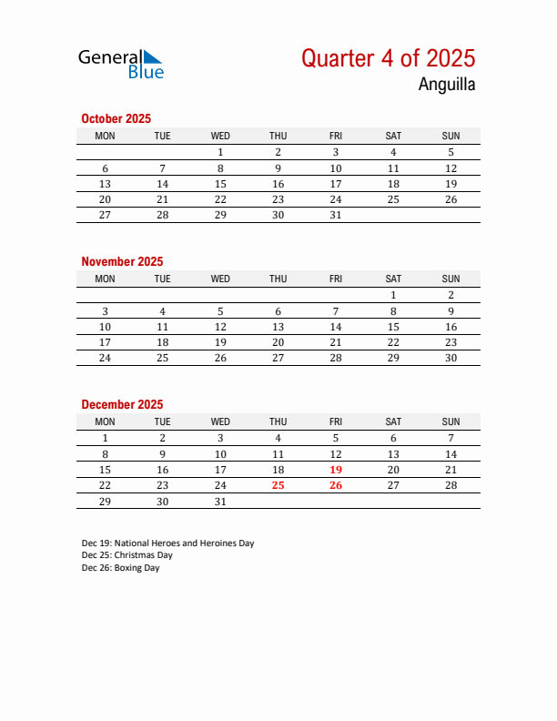 Printable Three Month Calendar with Anguilla Holidays