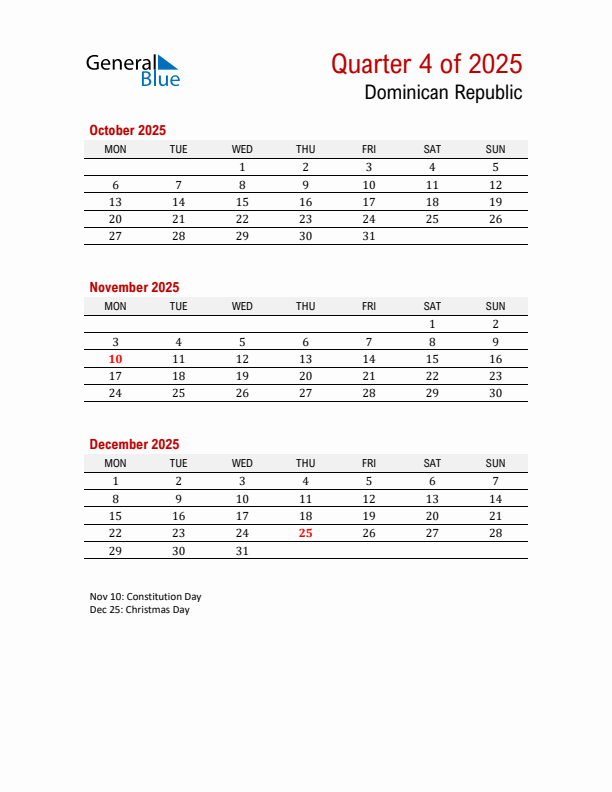 Printable Three Month Calendar with Dominican Republic Holidays