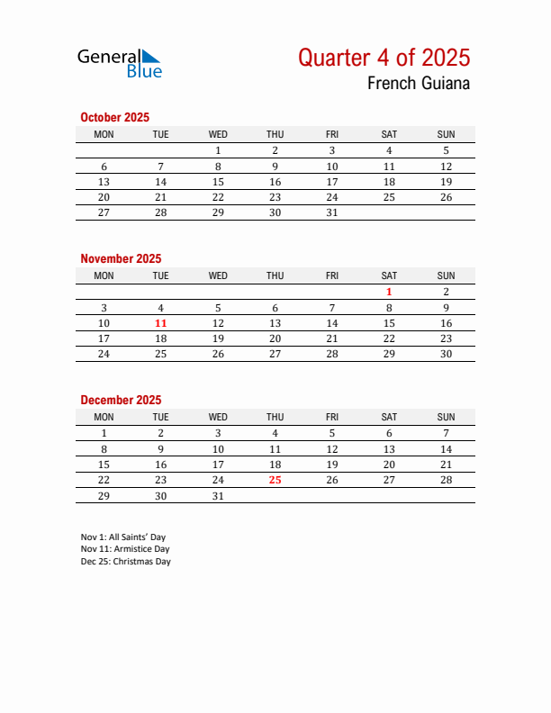 Printable Three Month Calendar with French Guiana Holidays