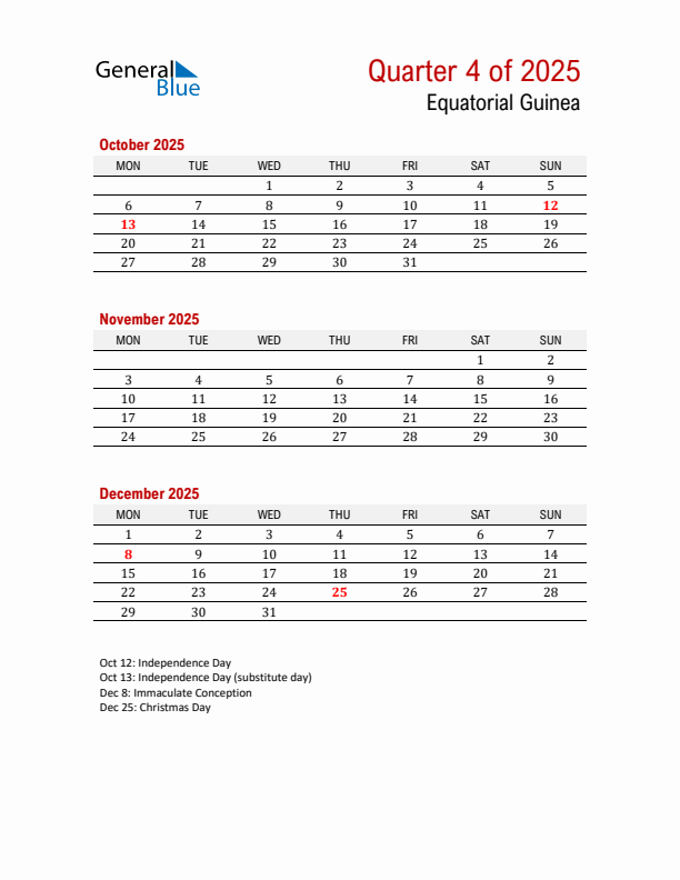 Printable Three Month Calendar with Equatorial Guinea Holidays