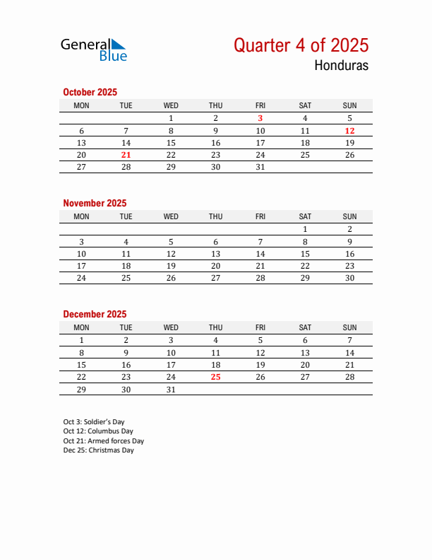 Printable Three Month Calendar with Honduras Holidays