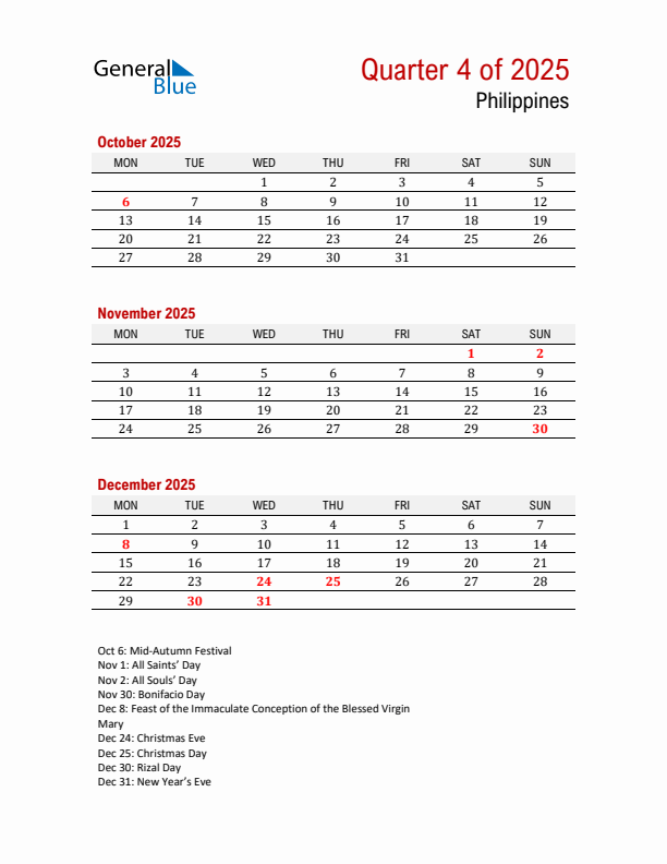 Printable Three Month Calendar with Philippines Holidays