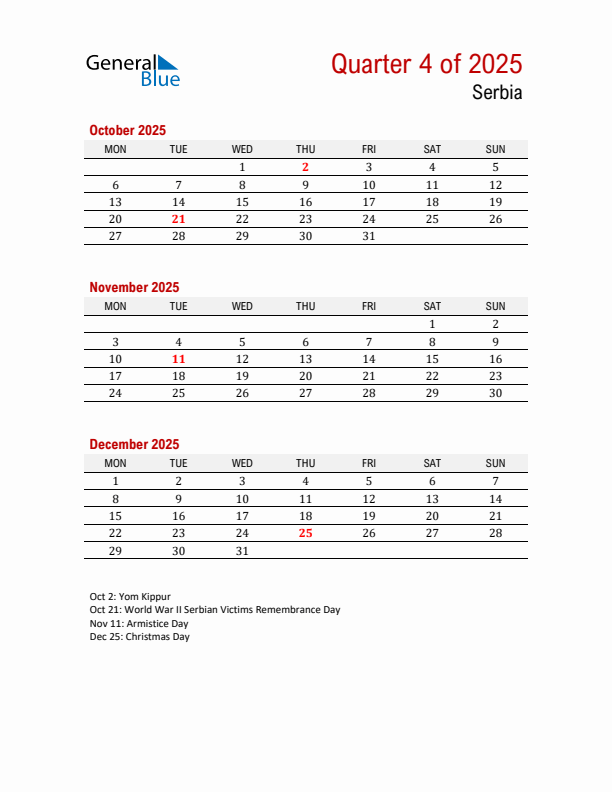 Printable Three Month Calendar with Serbia Holidays