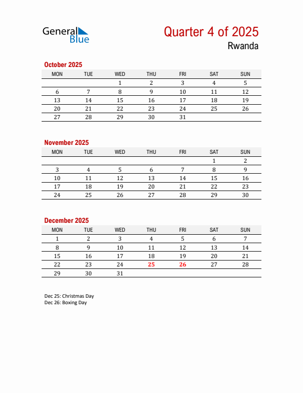 Printable Three Month Calendar with Rwanda Holidays