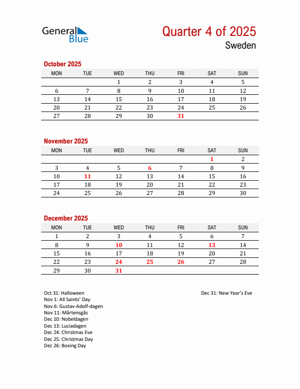 Printable Three Month Calendar with Sweden Holidays