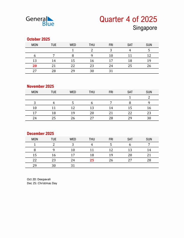 Printable Three Month Calendar with Singapore Holidays