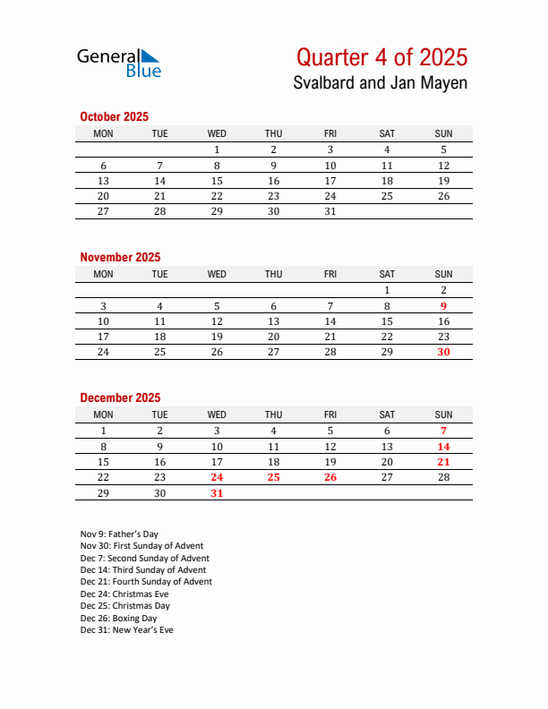 Printable Three Month Calendar with Svalbard and Jan Mayen Holidays